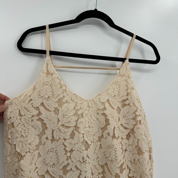 NWT CHASER Ivory Gold Metallic Strappy Lace V-Neck Shift Mini Dress Size Medium - Picture 3 of 10